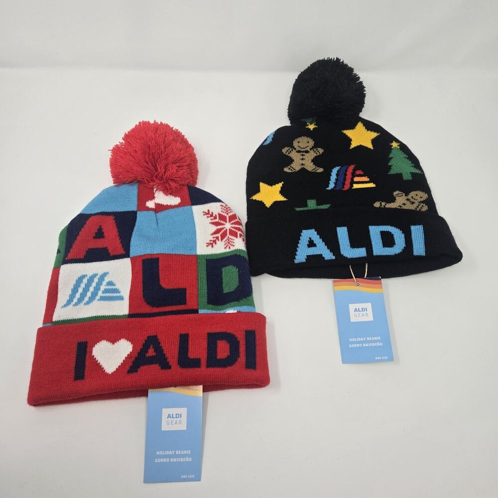 Aldi Gear Logo Bundle (2) Gingerbread & I Love Aldi Beanie XMAS Pom Knit Hats